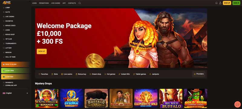 SlotLair Casino homepage showing the welcome bonus package and game lobby