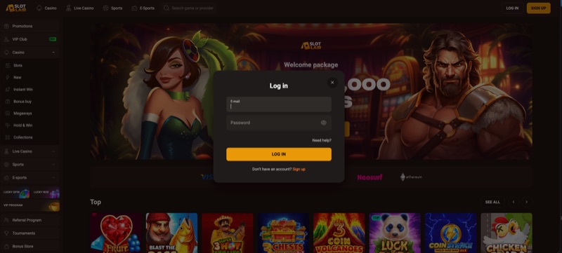 SlotLair Casino login screen with email and password fields