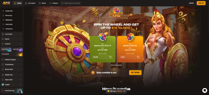 SlotLair Casino Lucky Spin feature where you can win up to £10,000