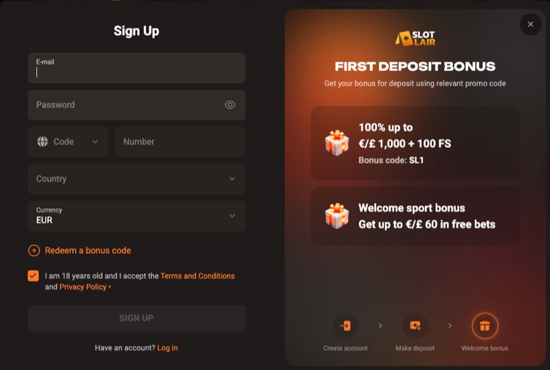 SlotLair Casino registration showing the bonus code field where you enter code 1SL