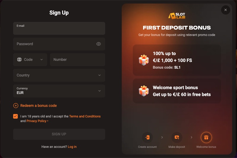 SlotLair Casino sign up form showing the registration fields and first deposit bonus