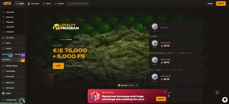 SlotLair Casino VIP loyalty program showing £75,000 prize pool